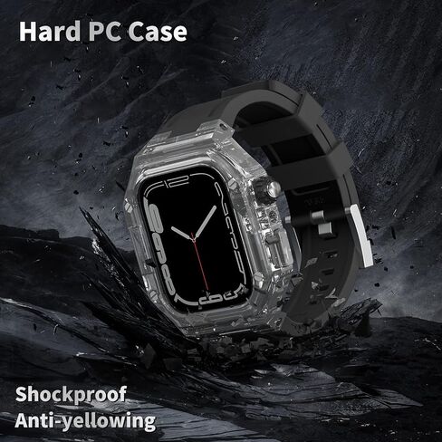 Rugged Clear Case and Band for Apple Watch Series 8 7 45mm/SE 6 5 4 44mm, Luxury Designer Transparent Crystal Military Protective Cover Tactical Heavy Duty Protection for iWatch in Saudi Arabia