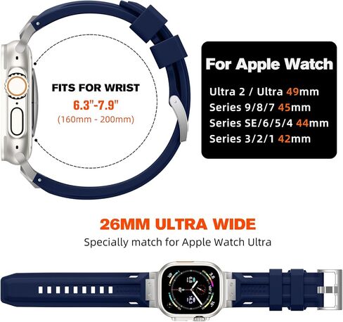 Compatible with Apple Watch Ultra 2 Bands 49mm for Men, Adjustable Silicone Band Also Fit for Apple Watch Series 10 46mm for iWatch Series 9/8/7 45mm SE/6/5/4 44mm 3/2/1 42mm, Navy Blue in Saudi Arabia