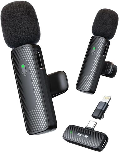 قطعتان من ميكروفون Lavalier اللاسلكي الاحترافي المحدث لهواتف iPhone وiPad وAndroid وUSB-C وميكروفون صغير مع خاصية إلغاء الضوضاء، وميكروفونات مثبتة على الهاتف لتسجيل الفيديو ومقابلة Podcast Tiktok Vlog in Kuwait
