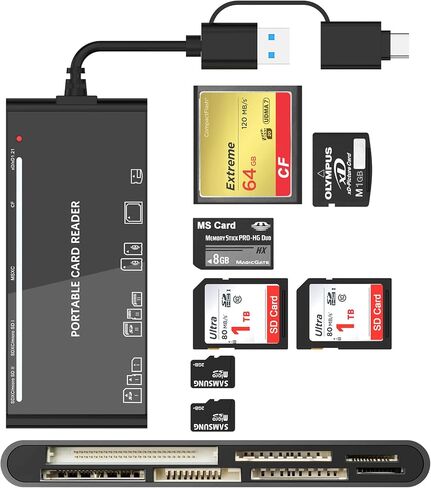Memory Card Reader, 5-in-1 USB C Lightning to SD/TF/USB OTG Adapter for Micro SD/SDHC/SDXC/MMC, Compatible with MacBook Pro/Air, Chromebook,iPhone 15/14/13/12/11 Pro/Pro Max,Android Galaxy,Plug & Play in Kuwait