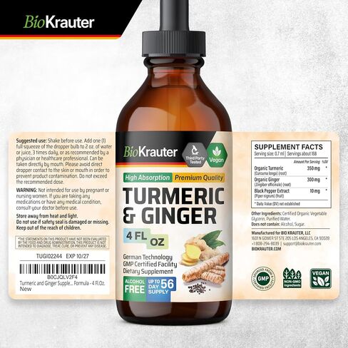Turmeric and Ginger Supplement Tincture - Turmeric Curcumin Immune Support Drops - Organic Turmeric Supplement with Black Pepper - High Potency Vegan Formula - 4 Fl.Oz. in Saudi Arabia