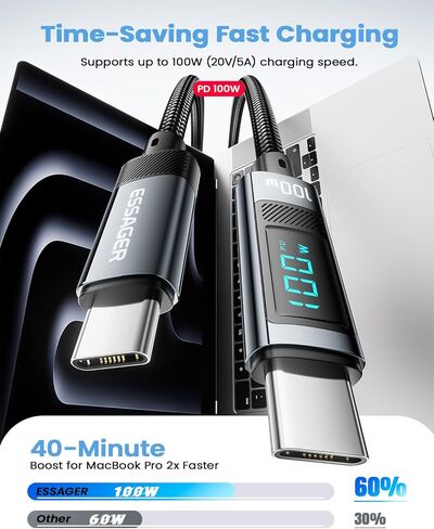 ESSAGER USB C Charger Cable (6ft 100W, 2Pack) Braided Type C Charger Fast Charging for iPhone 15 / 15Pro / 15Plus / 15ProMax MacBook Pro 2020, iPad Pro 2020, iPad Air 4, Samsung Galaxy S23+/S23 Ultra in Saudi Arabia