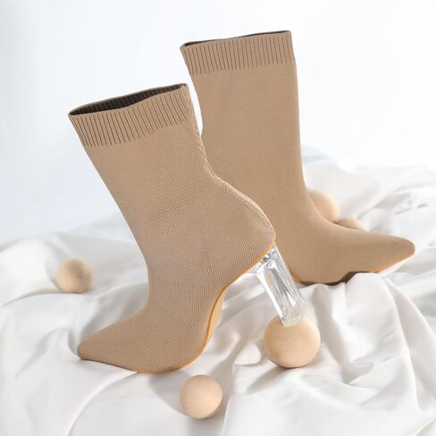 حذاء نسائي من Shoe'N Tale مصنوع من نسيج محبوك للكاحل بمقدمة مدببة وكعب متوسط ​​شفاف سهل الارتداء حذاء طويل قابل للتمدد in Saudi Arabia