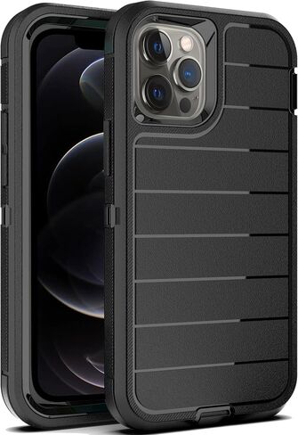 YmhxcY for iPhone 12 Pro Max Case/iPhone 13 Pro Max Case,Drop Proof 3-Layer Durable Cover/Shockproof Armor Solid Rubber stripe Case for iPhone 12 Pro Max/13 Pro Max 6.7"-Black in Saudi Arabia