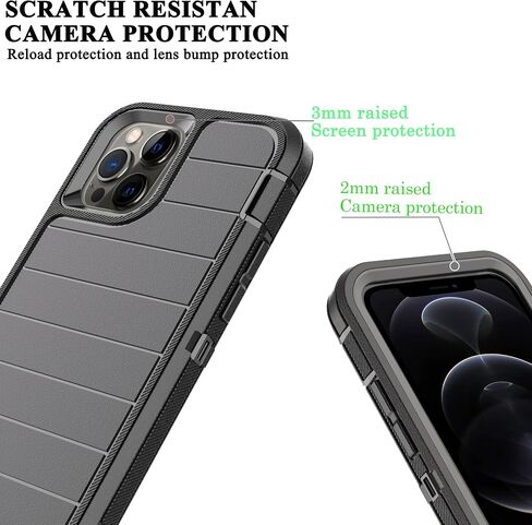 YmhxcY for iPhone 12 Pro Max Case/iPhone 13 Pro Max Case,Drop Proof 3-Layer Durable Cover/Shockproof Armor Solid Rubber stripe Case for iPhone 12 Pro Max/13 Pro Max 6.7"-Black in Saudi Arabia