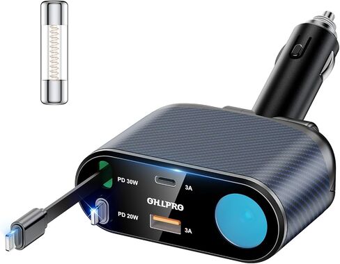 شاحن سيارة قابل للسحب OHLPRO 5 في 1، محول ولاعة سجائر USB C بقدرة 168 وات، شاحن هاتف سيارة سريع مدمج قابل للاستبدال، مقسم مقبس مع منافذ USB مزدوجة، مناسب للهاتف، iPad، Galaxy، GPS in Kuwait