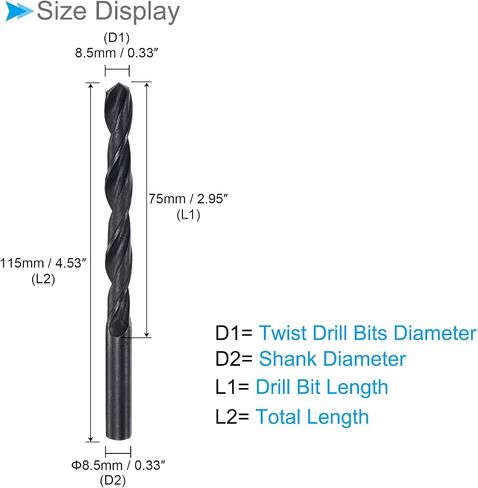 6542 High Speed Steel Twist Drill Bits, 8.5mm Diameter 115mm Length, Black Oxide Straight Twist Jobber Drill Bit - (Applications: for Metal Woodwork Plastic Aluminum) in Saudi Arabia
