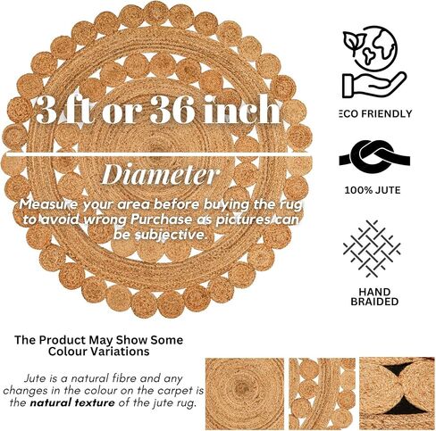 Natural Rattan Hand Woven Jute Rug, 4' Round Boho Rugs for Outdoor and Indoor, Farmhouse Rug for Dining Room Kitchen, Living Area, Under Table Circle Decor Round Rug 4ft in Kuwait