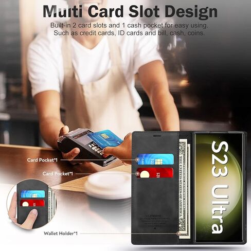 حافظة S23 Ultra لهاتف Samsung Galaxy S23 Ultra 5G، حافظة حماية داخلية مقاومة للصدمات من مادة TPU [حجب RFID] [فتحة بطاقة] [مسند] غطاء قلاب من جلد البولي يوريثان المغناطيسي لهاتف Samsung S23 Ultra 5G (أسود) in Kuwait