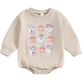BULINGNA Newborn Baby Girl Halloween Outfit Ghost &Bow Long Sleeve Sweatshirt Romper Bubble Oversized Bodysuit Fall Winter