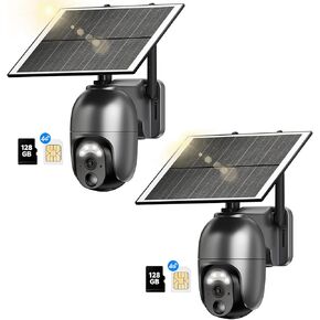 4G LTE Cellular Security Camera Wireless [2 Pack], Wireless Outdoor No WiFi Security Camera, 2K Color Night Vision, 360° Live View, Motion Detection, 2 Way Talk(128G Memory Card&SIM Card Included)