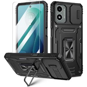 Maxdara for Moto G 5G 2024 Case, with Slide Camera Cover & Built-in Rotating Ring Holder Kickstand & Glass Screen Protector Protective Phone Case for Motorola Moto G 5G 2024, Black