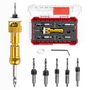 5pcs Countersink Drill Bit Set with 1/4" Quick Release Hex Shank,Adjustable Woodworking Drill bit Set with Low Friction Depth Stop,1/8" 9/64" 5/32" Drill+3/8" 82°Counter-Bore for Carpentry Screw Hole