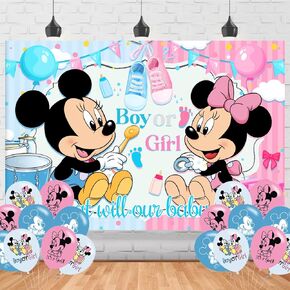 Mickey and Minnie Gender Reveal Birthday Party Backdrop, Mickey and Minnie Gender Reveal Birthday Party Decoration,Gender Reveal Birthday Banner Shoot Photo Backgrounds Props for Boys Girls 5x3ft