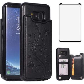 Phone Case for Samsung Galaxy S8 Plus with Tempered Glass Screen Protector Card Holder Wallet Cover Flip Leather Cell Accessories Glaxay S8plus S 8 8plus 8S Edge S8+ SM-G955U Cases Women Golden