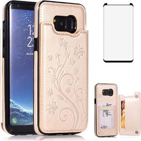 Phone Case for Samsung Galaxy S8 Plus with Tempered Glass Screen Protector Card Holder Wallet Cover Flip Leather Cell Accessories Glaxay S8plus S 8 8plus 8S Edge S8+ SM-G955U Cases Women Golden in Saudi Arabia