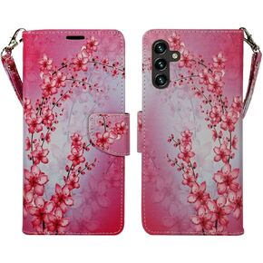 Zase Design Cover for Samsung Galaxy A13 5G Protective Wallet Case, Galaxy A13 6.5inch Case Cute Woman Girls Premium PU Leather Flip Folio w/Kickstand ID Card Slot Wrist Strap (Hot Pink Butterfly)
