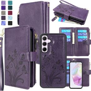 Lacass Case Wallet for Samsung Galaxy A35 5G, [12 Card Slots] ID Credit Cash Holder Zipper Pocket Detachable Leather Wallet Cover with Wrist Strap Lanyard（Floral Dark Purple）