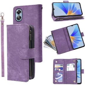 Compatible with OPPO A17 Wallet Case Wrist Strap Lanyard and Premium Vintage Leather Flip Credit Card Holder Stand Cell Accessories Mobile Folio Purse Rugged Phone Cover for OppoA17 Women Men Brown