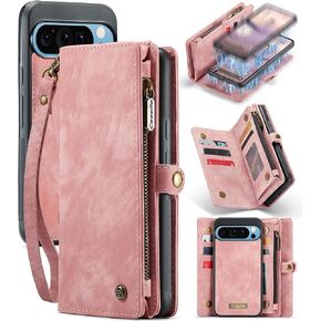 Kowauri Wallet Case for Google Pixel 9 Pro XL, Zipper Purse Folio Leather Wallet with Card Holder Wrist Strap Detachable Magnetic Shockproof Protective Back Case for Google Pixel 9 Pro XL (Pink)
