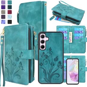Lacass Case Wallet for Samsung Galaxy A35 5G, [12 Card Slots] ID Credit Cash Holder Zipper Pocket Detachable Leather Wallet Cover with Wrist Strap Lanyard（Floral Dark Purple）