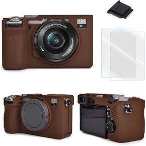مجموعة ملحقات الكاميرا متوافقة مع حافظة واقية من السيليكون ذات سطح مزخرف لهاتف Sony Alpha 7C II وواقي شاشة LCD [عبوتين] وغطاء حذاء ساخن من Onen، أسود