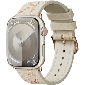 Bling Leather Silicone Hybrid Band for Apple Watch Bands 42mm 41mm 40mm 38mm 46mm 45mm 44mm Ultra/2 49mm Women,Glitter Floral Sparkly Pattern Strap for iWatch Band Series 10 9 8 7 6 5 4 3 SE/2nd Ultra