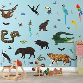 RW-4964 3D Jungle Animals Wall Decals Cartoon Wild Safari Animals Wall Stickers DIY Removable Monkey Leopard Crocodile Snake Birds Butterfly Animals Wall Decor for Kids Bedroom Living Room Nursery