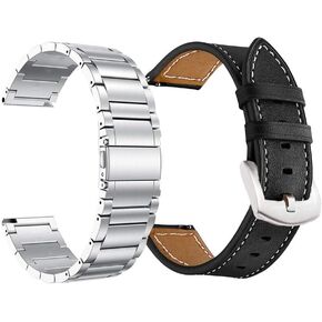Yeejok Galaxy Watch 3 41mm Bands Leather+Metal for Men Women, Galaxy Watch Active 2 44mm Bands, 20mm Bands Replacement Compatible for Galaxy Watch Active 40mm, Gear Sport, S2 Classic-Black+Black