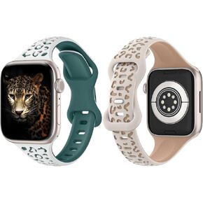 حزام ساعة MoKo مكون من قطعتين متوافق مع Apple Watch Ultra/Ultra2 49 مم/السلسلة 9/8/7/6/5/4/3/2/1/SE 38/40/41/42/44/45 مم، حزام سيليكون رفيع منقوش بنقش جلد الفهد سوار معصم قابل للتعديل