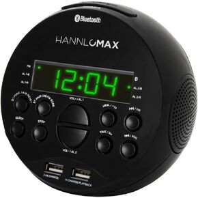 HANNLOMAX HX-129CR Alarm Clock Radio. PLL FM Radio, 0.6" Green LED Display, Bluetooth, USB Ports for 2.4A & 1A Charging/MP3 Playback (Grey)