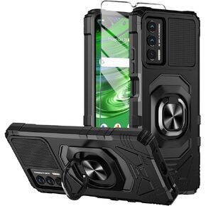 for Cricket Outlast Case, Att Jetmore Case with Tempered Glass Screen Protector,Ring Kickstand,Military Grade Heavy Duty Shockproof Protective Outlast Cover (Black)