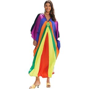 Kaftan Dresses for Women Colorful Print Beach Cover Up Braid Pattern Bikini Maxi Kaftans Plus Size Loungewear Slit Beach Robe V Neck Batwing Sleeve Swimsuit Summer Mumu Dress (AC-8759-15)