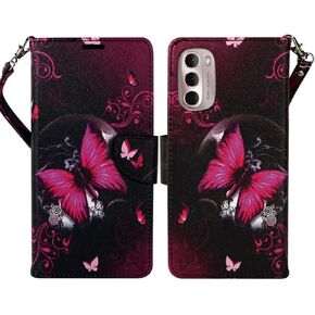 Zase Moto G Stylus (2022) 4G LTE Wallet Case Protective Cover Cute Premium PU Leather Flip Magnetic Closure w/Kickstand ID Card Slot Strap Design for Motorola G Stylus 2022 (Hot Pink Butterfly)
