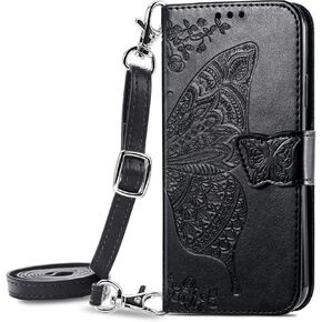 ONV Wallet Case for Samsung Galaxy A10E - Crossbody Long Lanyard Butterfly Embossed Leather Folio Case Magnetic Card Slot Kickstand +TPU Shell for Samsung Galaxy A10E [HZD] -Black