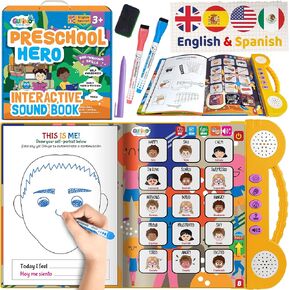 أنشطة تعليمية ثنائية اللغة لمرحلة ما قبل المدرسة مع 2 من علامات المسح الجاف، وأنشطة تعليمية رائعة للأطفال الصغار. قابلة لإعادة الاستخدام الإسبانية والإنجليزية ما قبل المدرسة اللوازم المدرسية المنزلية