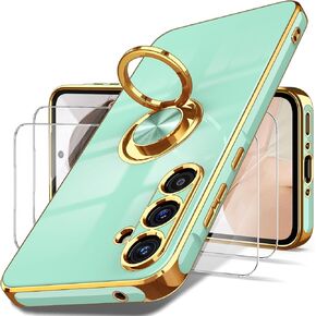 Dretal for Samsung Galaxy A35 5G Case, Galaxy A35 5G UW Case with Screen Protector, 360° Rotatable Ring Holder Magnetic Kickstand,Plated Gold Edge Slim Soft TPU Protective Phone Cover for A35 (Black)
