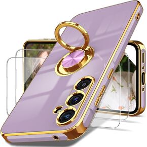 Dretal for Samsung Galaxy A35 5G Case, Galaxy A35 5G UW Case with Screen Protector, 360° Rotatable Ring Holder Magnetic Kickstand,Plated Gold Edge Slim Soft TPU Protective Phone Cover for A35 (Black)