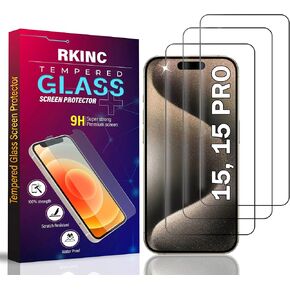 RKINC Screen Protector [3-Pack] for iPhone 15 6.1-Inch, Tempered Glass Film Screen Protector, 0.33mm [LifetimeWarranty][Bubble-Free][Anti-Scratch][Anti-Shatter]