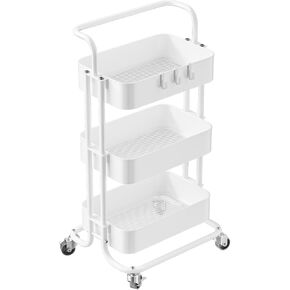 YIPPPPE 3 Tier Mesh Utility Cart, Rolling Metal Organization Cart with Handle and Lockable Wheels, Multifunctional Storage Shelves for Kitchen Living Room Office, White