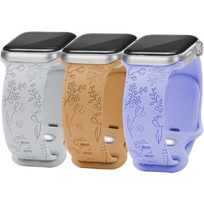 Flower Engraved Bands Compatible with Watch Band 38mm 40mm 41mm 42mm 44mm 45mm Women Men,Sport Strap Replacement Wristbands for Watch Series 7/6/5/4/3/2/1/SE,3 Pack