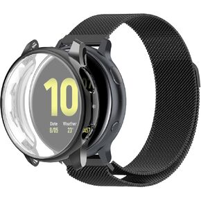 Compatible for Samsung Galaxy Active 2 40mm 44mm Watch Bands with TPU Case, Stainless Steel Mesh Loop Sports Wristband Replacement Straps Screen Protector Bumper Cover