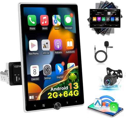 [2+64G] Android Single Din Car Stereo - 10.4 Inch Rotating Touch Screen Radio with Wireless Carplay & Android Auto, EQ, WiFi, GPS, FM RDS, Mirror Link + AHD Backup Camera & MIC in Saudi Arabia