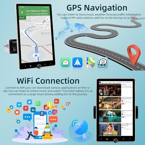 [2+64G] Android Single Din Car Stereo - 10.4 Inch Rotating Touch Screen Radio with Wireless Carplay & Android Auto, EQ, WiFi, GPS, FM RDS, Mirror Link + AHD Backup Camera & MIC in Saudi Arabia