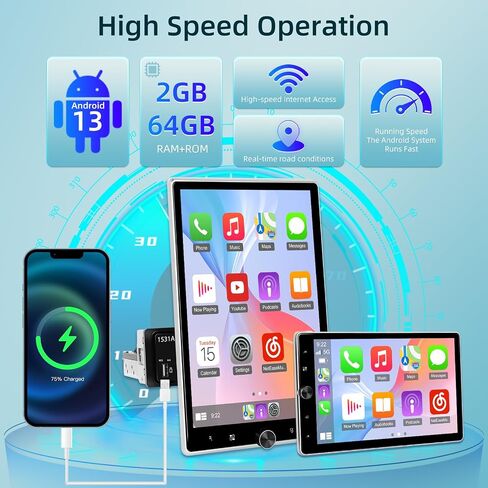 [2+64G] Android Single Din Car Stereo - 10.4 Inch Rotating Touch Screen Radio with Wireless Carplay & Android Auto, EQ, WiFi, GPS, FM RDS, Mirror Link + AHD Backup Camera & MIC in Saudi Arabia