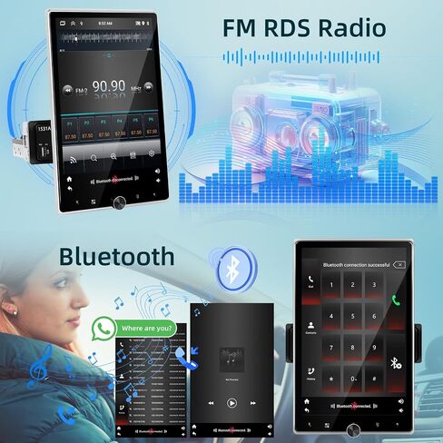 [2+64G] Android Single Din Car Stereo - 10.4 Inch Rotating Touch Screen Radio with Wireless Carplay & Android Auto, EQ, WiFi, GPS, FM RDS, Mirror Link + AHD Backup Camera & MIC in Saudi Arabia