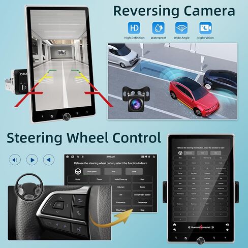 [2+64G] Android Single Din Car Stereo - 10.4 Inch Rotating Touch Screen Radio with Wireless Carplay & Android Auto, EQ, WiFi, GPS, FM RDS, Mirror Link + AHD Backup Camera & MIC in Saudi Arabia