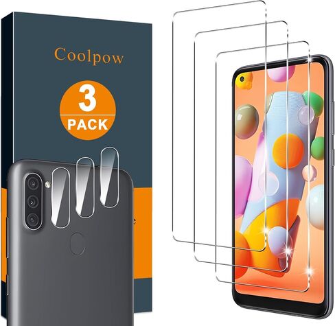 【3+3 عبوات】Coolpow مصمم لهاتف Samsung Galaxy A11 واقي شاشة Samsung A11 واقي شاشة للهاتف الخلوي من الزجاج المقوى، صلابة 9H، وضوح HD، مقاوم للخدش، سهل التركيب، صديق للحافظة. in Kuwait