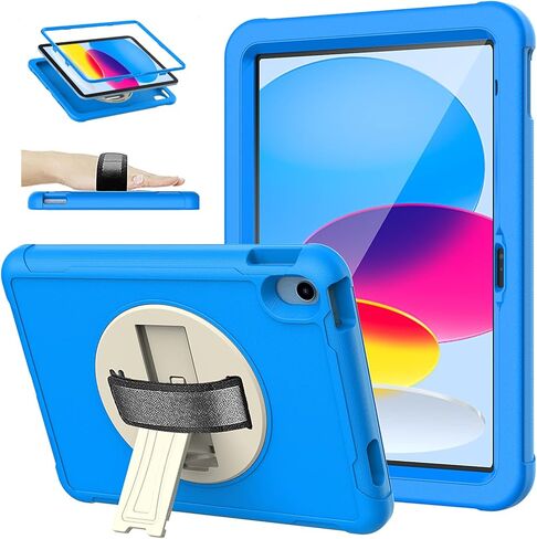 TIRIN Kids Case for New iPad 10th Generation 2022, iPad 10.9 inch case with Built-in Screen Protector, 360 Rotating Hand Strap Stand Lightweight Kid Protective Case for iPad 10th Gen 10.9 inch, Blue in Saudi Arabia