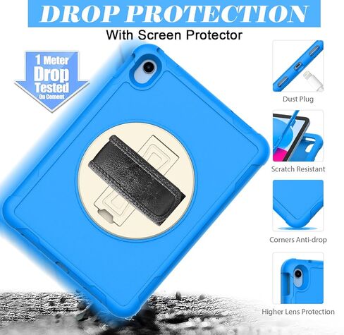 TIRIN Kids Case for New iPad 10th Generation 2022, iPad 10.9 inch case with Built-in Screen Protector, 360 Rotating Hand Strap Stand Lightweight Kid Protective Case for iPad 10th Gen 10.9 inch, Blue in Saudi Arabia